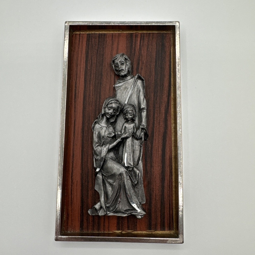 Vintage Italian PELTRY Holy Family Plaque Pewter Wood MCM Wall Art Italy